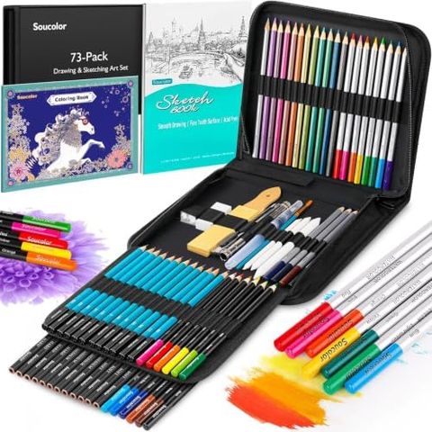 Soucolor 73-Piece Drawing Kit with Sketch Book and Zipper Case
